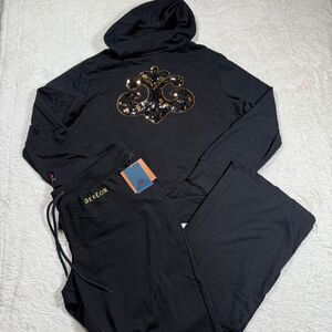 NWT Dereon Black Sequin Fleur De Lis Zip Hoodie & Sweatpant 2-Piece Set Sequin